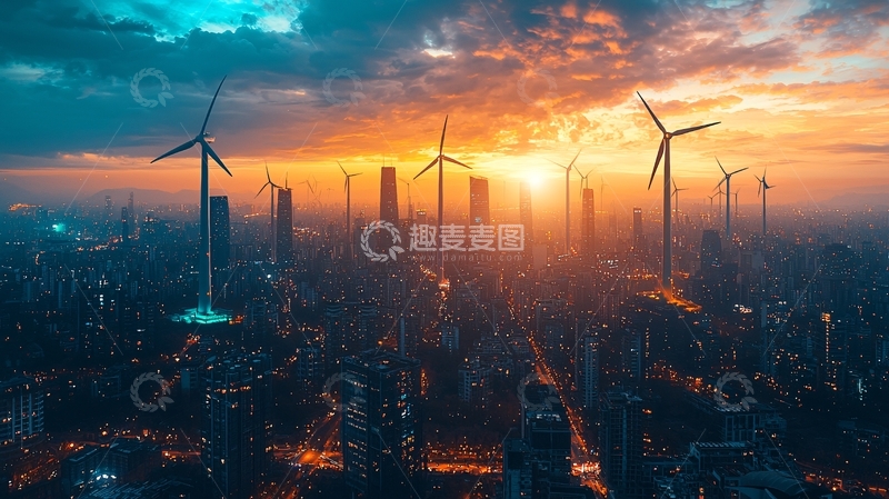 高清大图下载【趣麦麦图】日落城市风力发电