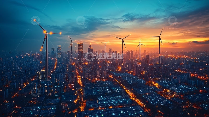 高清大图下载【趣麦麦图】日落城市风力发电场