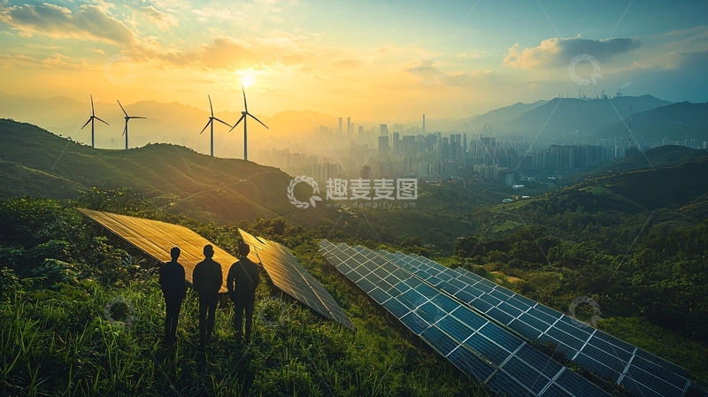 高清大图下载【趣麦麦图】日出山峦风力发电