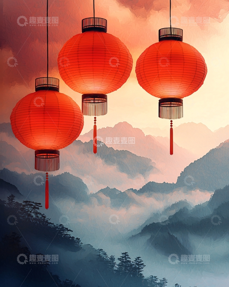 高清大图下载【趣麦麦图】红灯笼山峦景色