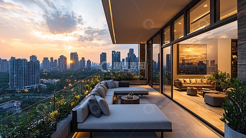 高清大图下载【趣麦麦图】日落城市景观阳台