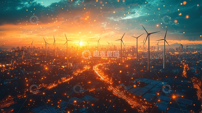 高清大图下载【趣麦麦图】日落城市风力发电站