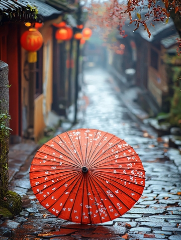 雨中红伞古镇街道
