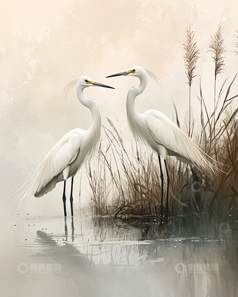 高清大图下载【趣麦麦图】两只小白鹭在芦苇荡
