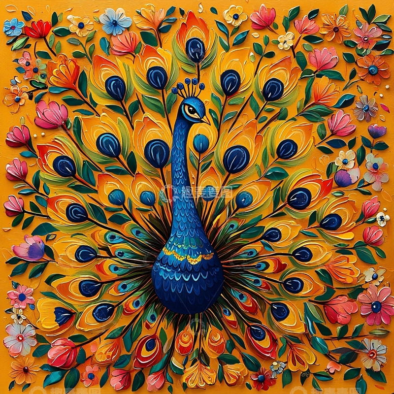 高清大图下载【趣麦麦图】孔雀开屏花卉图案