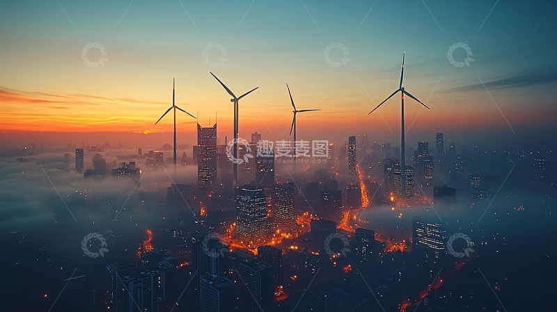 高清大图下载【趣麦麦图】日出雾气中的城市风力发电