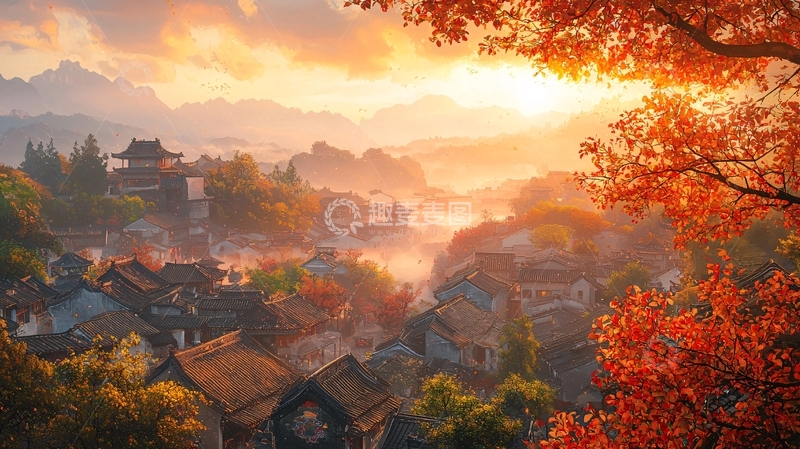 高清大图下载【趣麦麦图】秋日清晨山间小镇