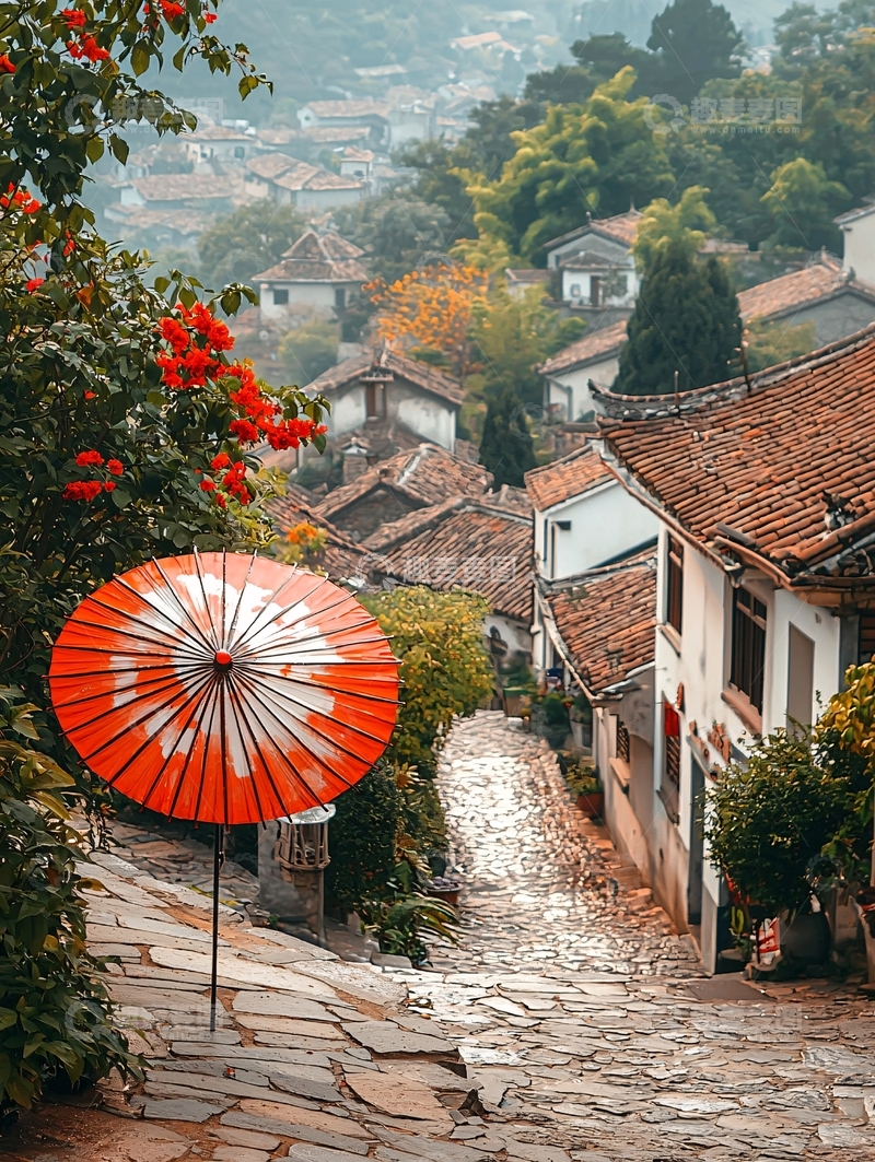 高清大图下载【趣麦麦图】-古镇小巷的红伞