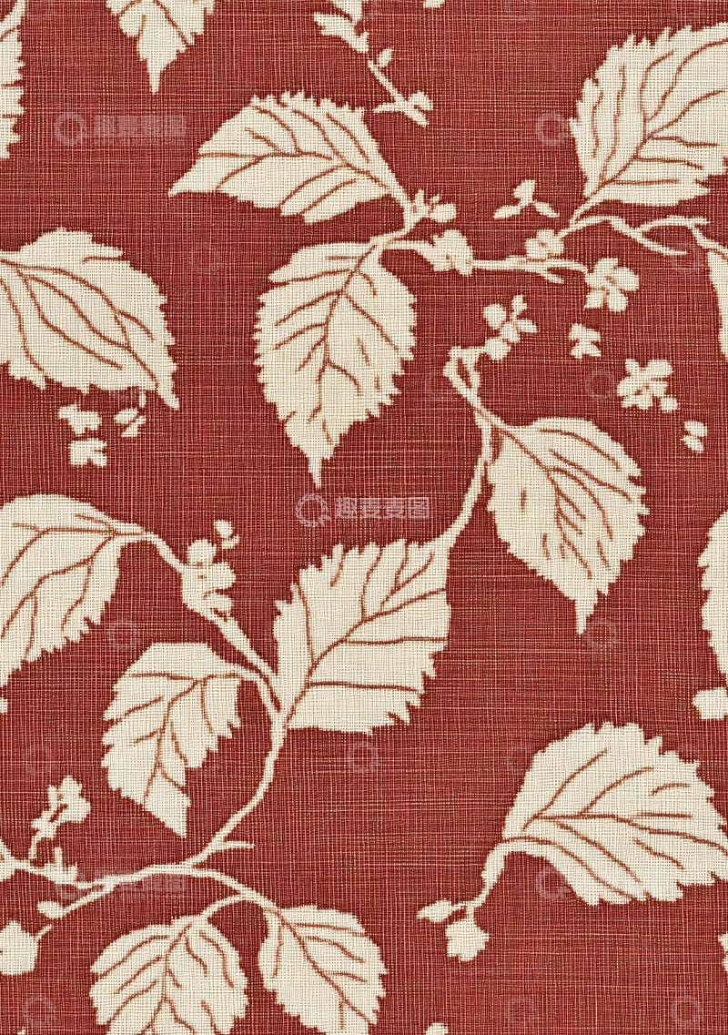 高清大图下载【趣麦麦图】红底白叶印花布料