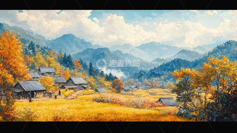 高清大图下载【趣麦麦图】秋日山间村庄风景