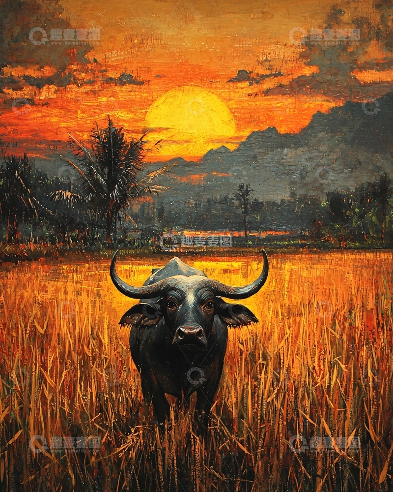 高清大图下载【趣麦麦图】夕阳下水牛田园风光