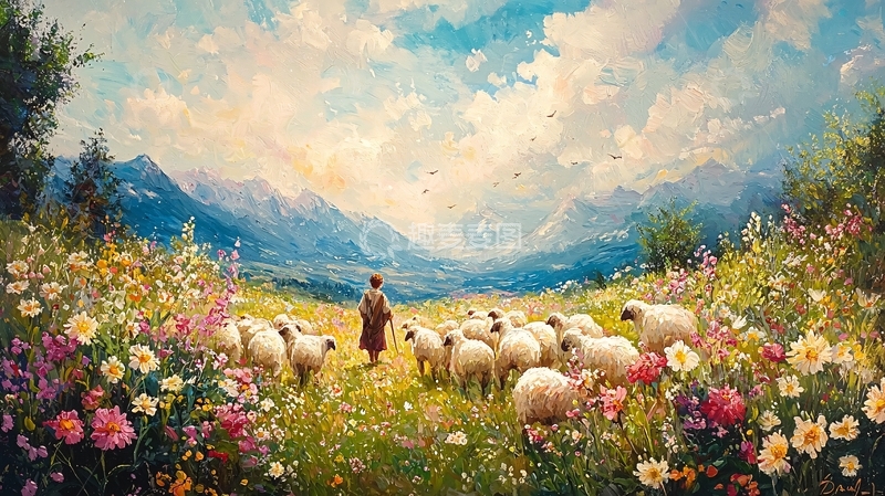 高清大图下载【趣麦麦图】牧羊人与羊群花海山景