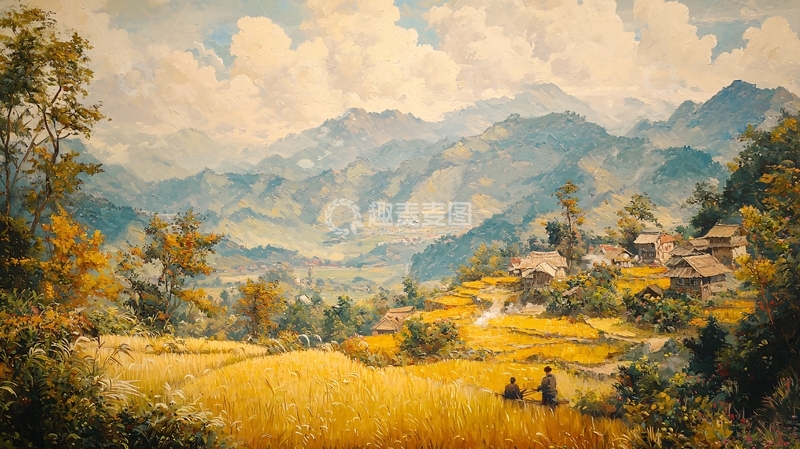 高清大图下载【趣麦麦图】山村秋收景色图