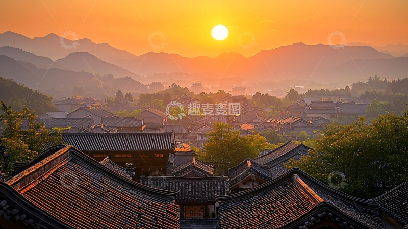 高清大图下载【趣麦麦图】清晨山村日出