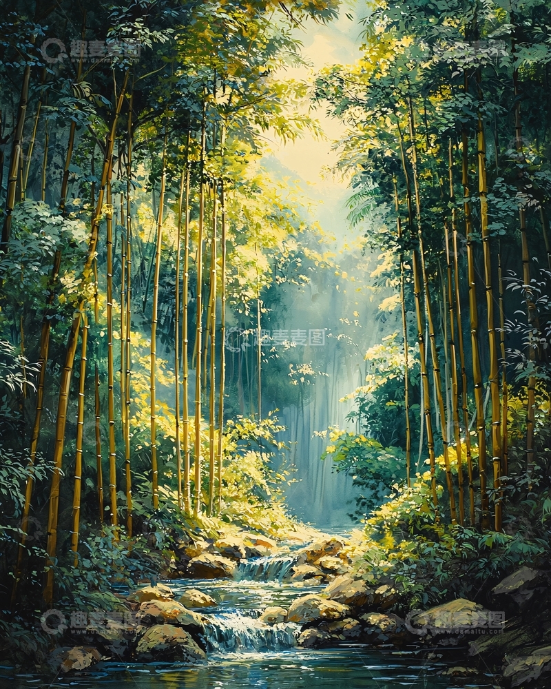 高清大图下载【趣麦麦图】阳光透过竹林溪流