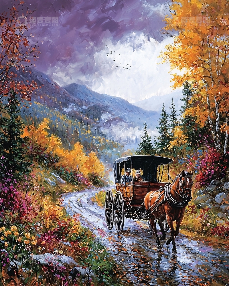 高清大图下载【趣麦麦图】秋日山路马车风景