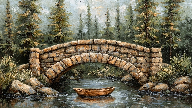 高清大图下载【趣麦麦图】森林石桥小船