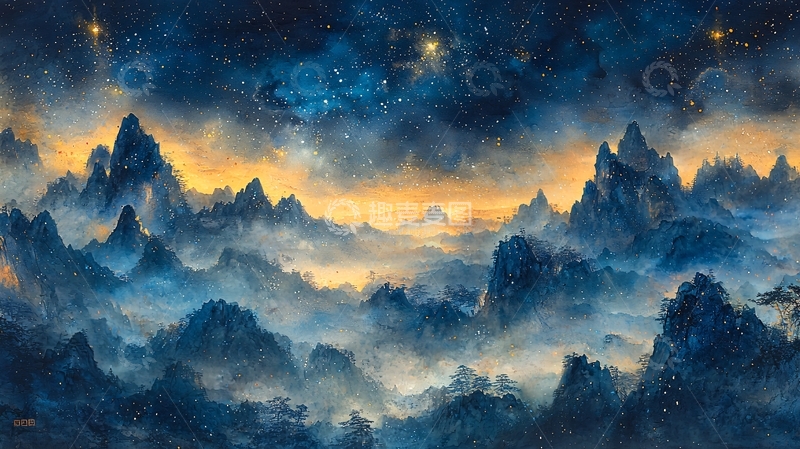 高清大图下载【趣麦麦图】奇幻星空下的山脉