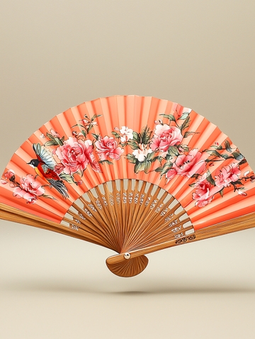 橘红色花鸟图案折扇