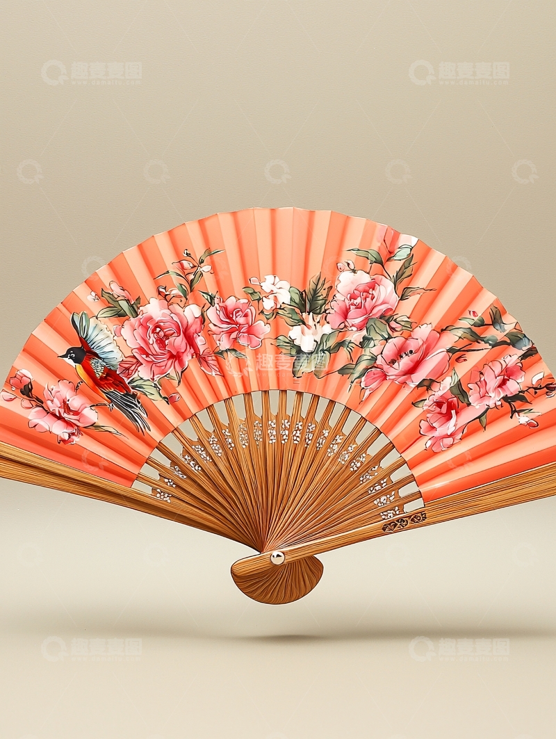 高清大图下载【趣麦麦图】橘红色花鸟图案折扇