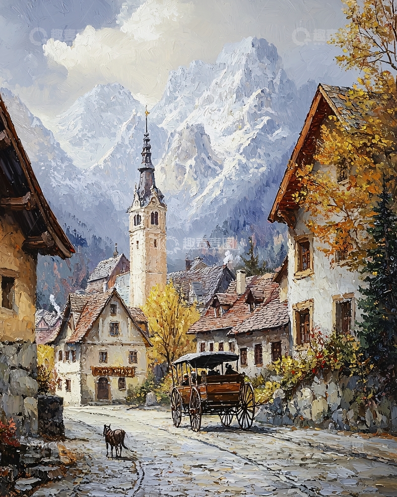 高清大图下载【趣麦麦图】阿尔卑斯山小镇风景画