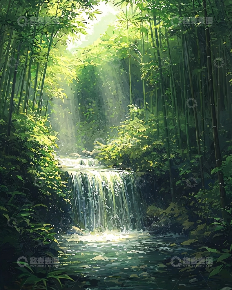 高清大图下载【趣麦麦图】阳光透过竹林瀑布