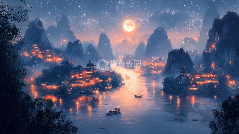 高清大图下载【趣麦麦图】梦幻山水夜景