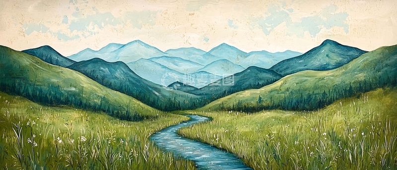 高清大图下载【趣麦麦图】山峦溪流田园风光
