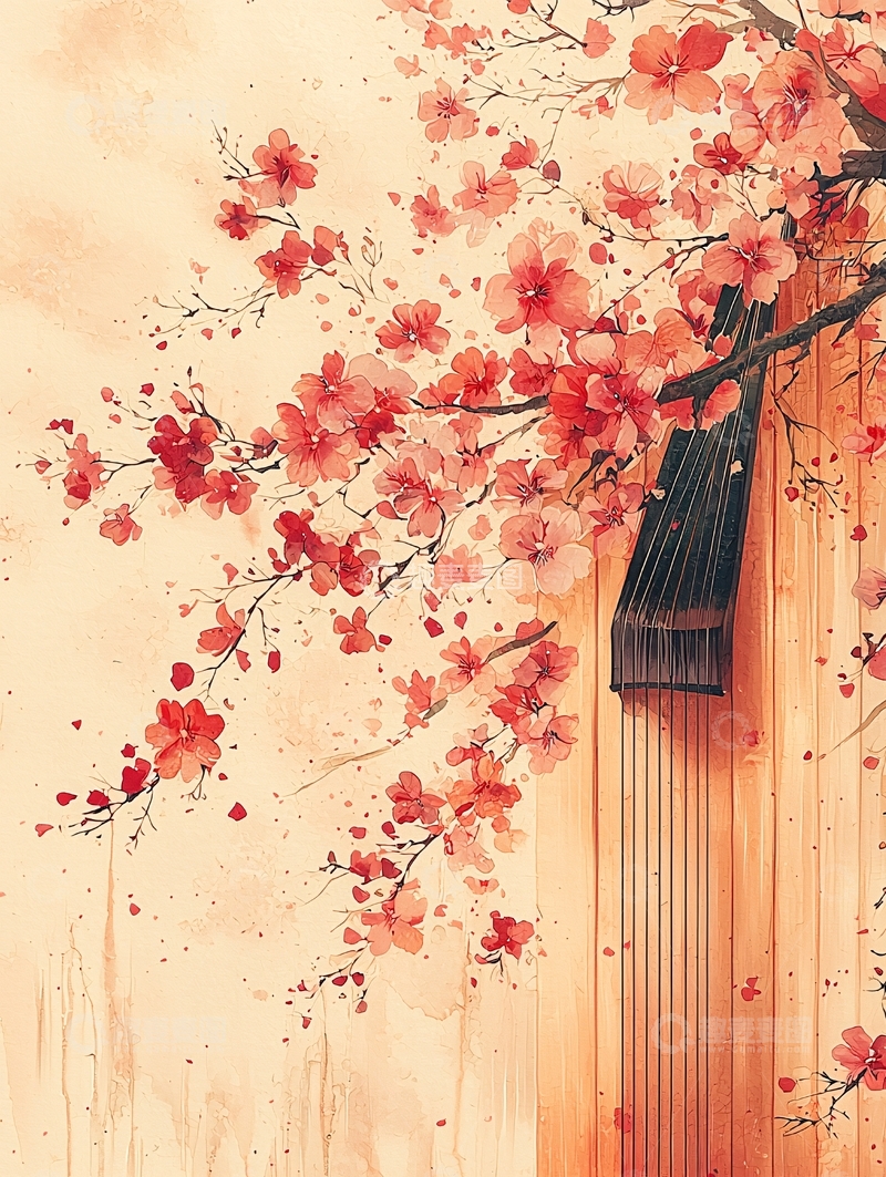 高清大图下载【趣麦麦图】水彩风格的樱花和日式建筑