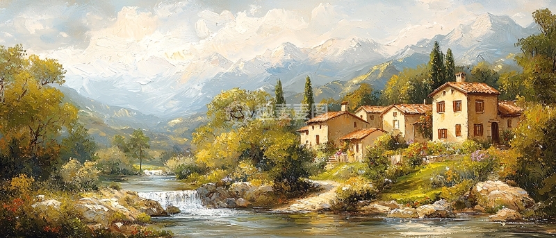 高清大图下载【趣麦麦图】山间溪流房屋景色