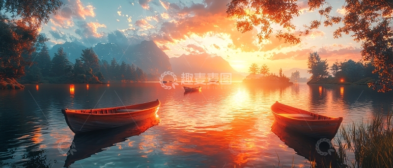 高清大图下载【趣麦麦图】湖边日落木船风景