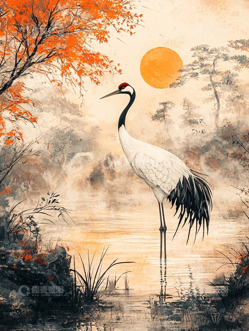 高清大图下载【趣麦麦图】丹顶鹤水墨画
