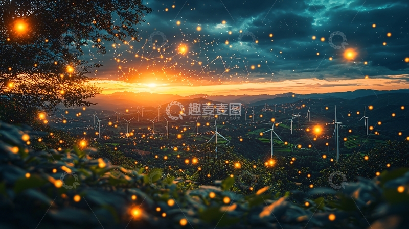 高清大图下载【趣麦麦图】日落余晖下的萤火虫与风力发电机