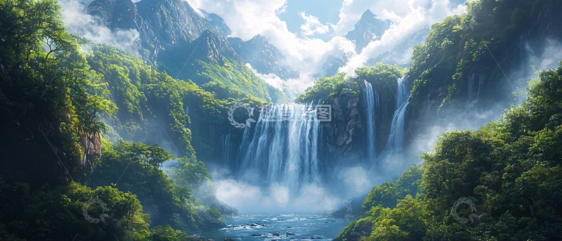 高清大图下载【趣麦麦图】山谷瀑布仙境