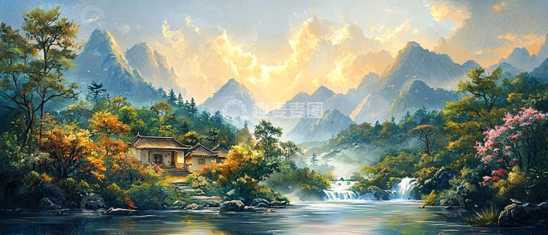 高清大图下载【趣麦麦图】山林溪流人家