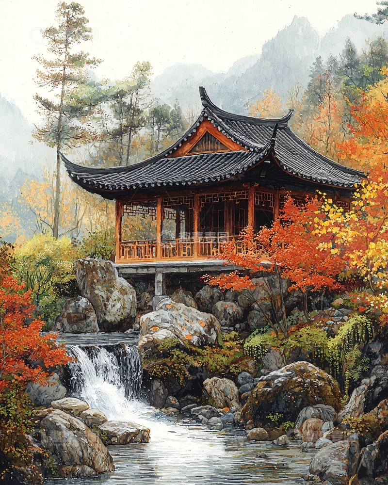 高清大图下载【趣麦麦图】秋日山间木质亭台