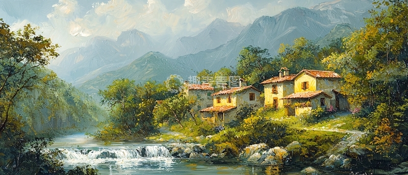 高清大图下载【趣麦麦图】山间溪流村庄景色