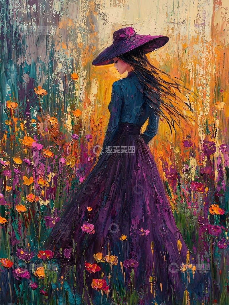 高清大图下载【趣麦麦图】花园中戴帽子的女人背影