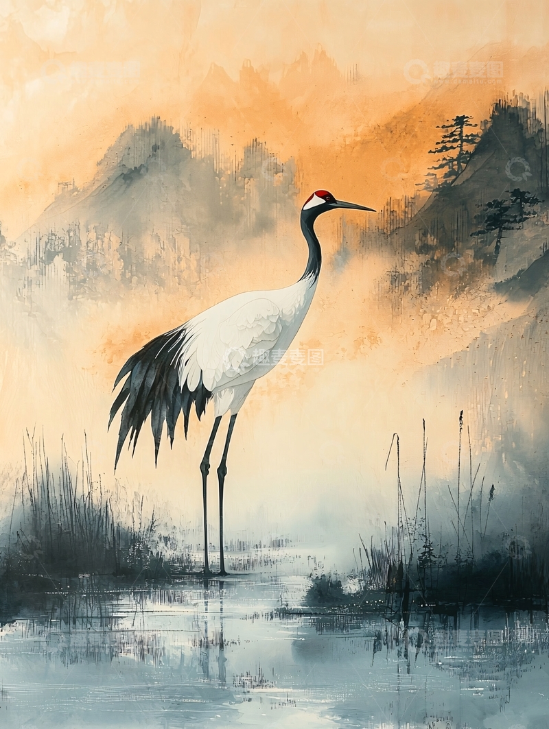 高清大图下载【趣麦麦图】丹顶鹤水墨画