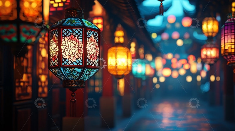高清大图下载【趣麦麦图】彩色玻璃灯笼长廊夜景