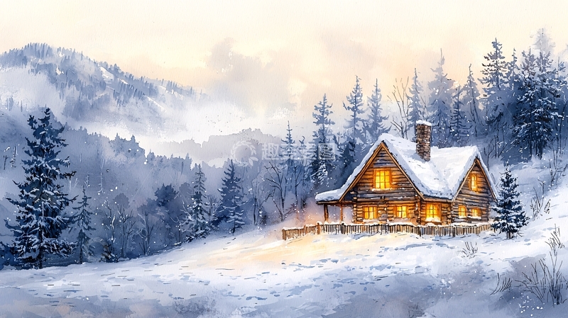 高清大图下载【趣麦麦图】雪山木屋暖光