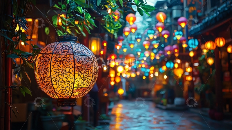 高清大图下载【趣麦麦图】节日灯笼照亮古镇夜色