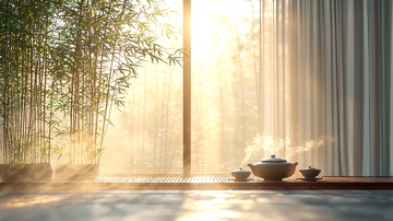 清晨阳光洒进温泉