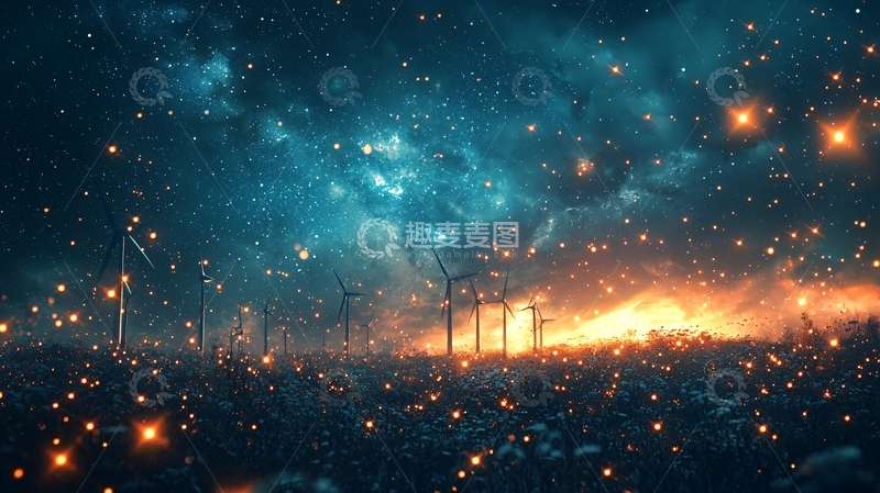 高清大图下载【趣麦麦图】夜空繁星风力发电机火焰