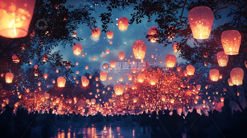 高清大图下载【趣麦麦图】夜空飞舞的许愿灯笼