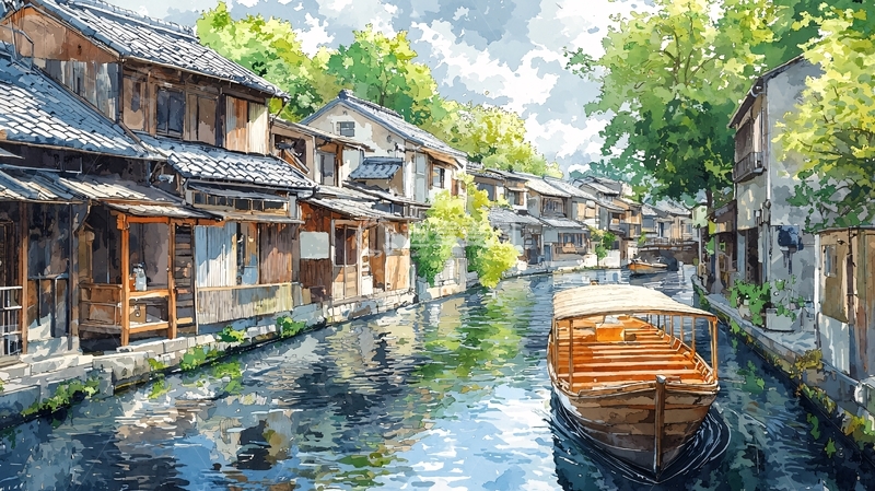 高清大图下载【趣麦麦图】水乡古镇水彩风景画