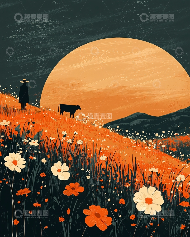 高清大图下载【趣麦麦图】落日余晖下的田园牧歌