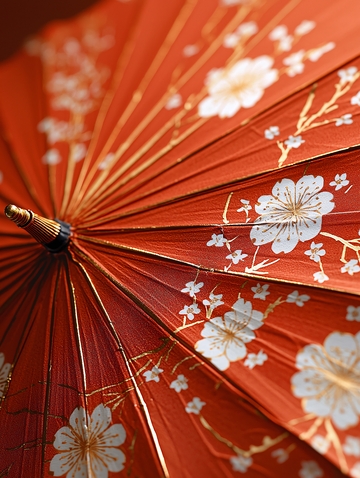 红底白花油纸伞