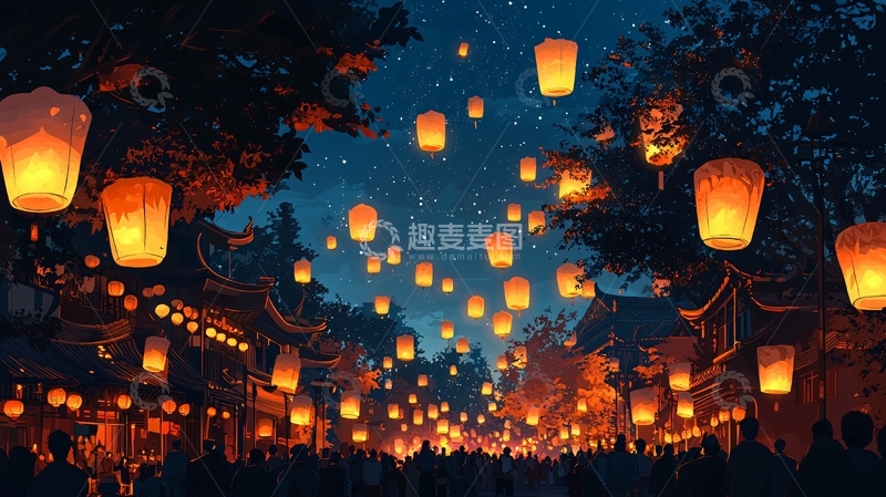 高清大图下载【趣麦麦图】夜空飞舞的许愿灯