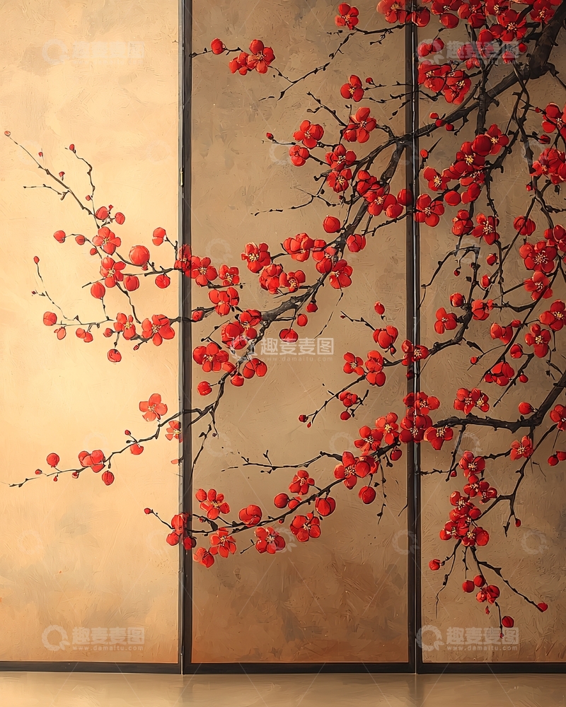 高清大图下载【趣麦麦图】-红梅枝条屏风画
